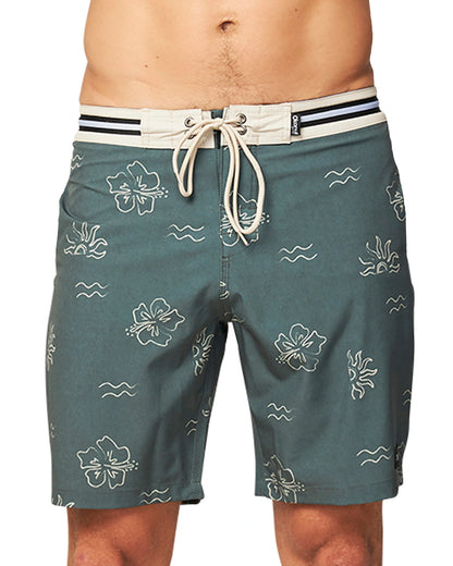 Close up front view of the Okanui Rising Sun Boardrider Boardshort in Forest color featuring a shoestring drawcord.