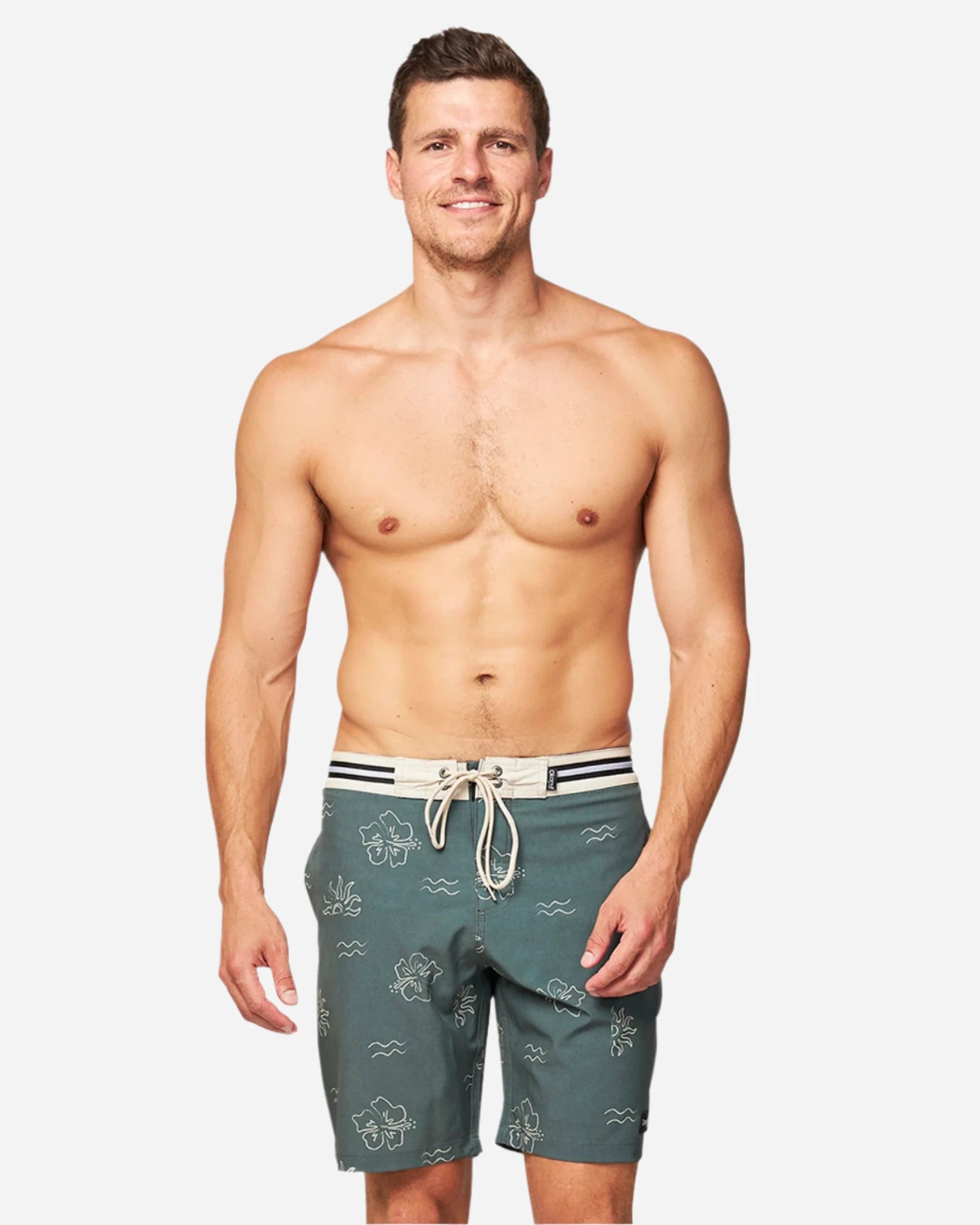 Front view of a male shirtless model wearing the Okanui Rising Sun Boardrider Boardshort in Forest color