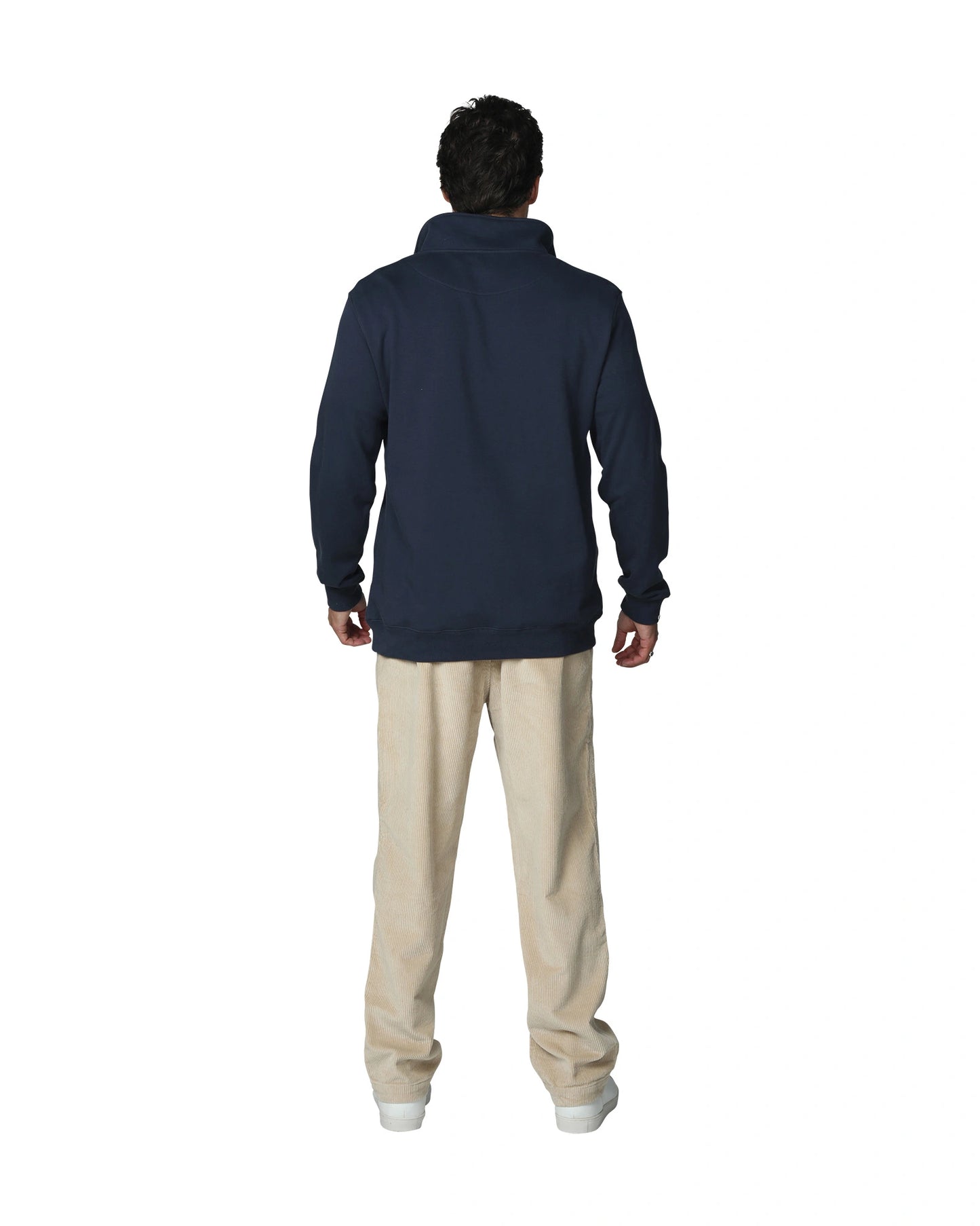 a sweatshirt in the color navy blue with a red shirt inside showing the back view. 