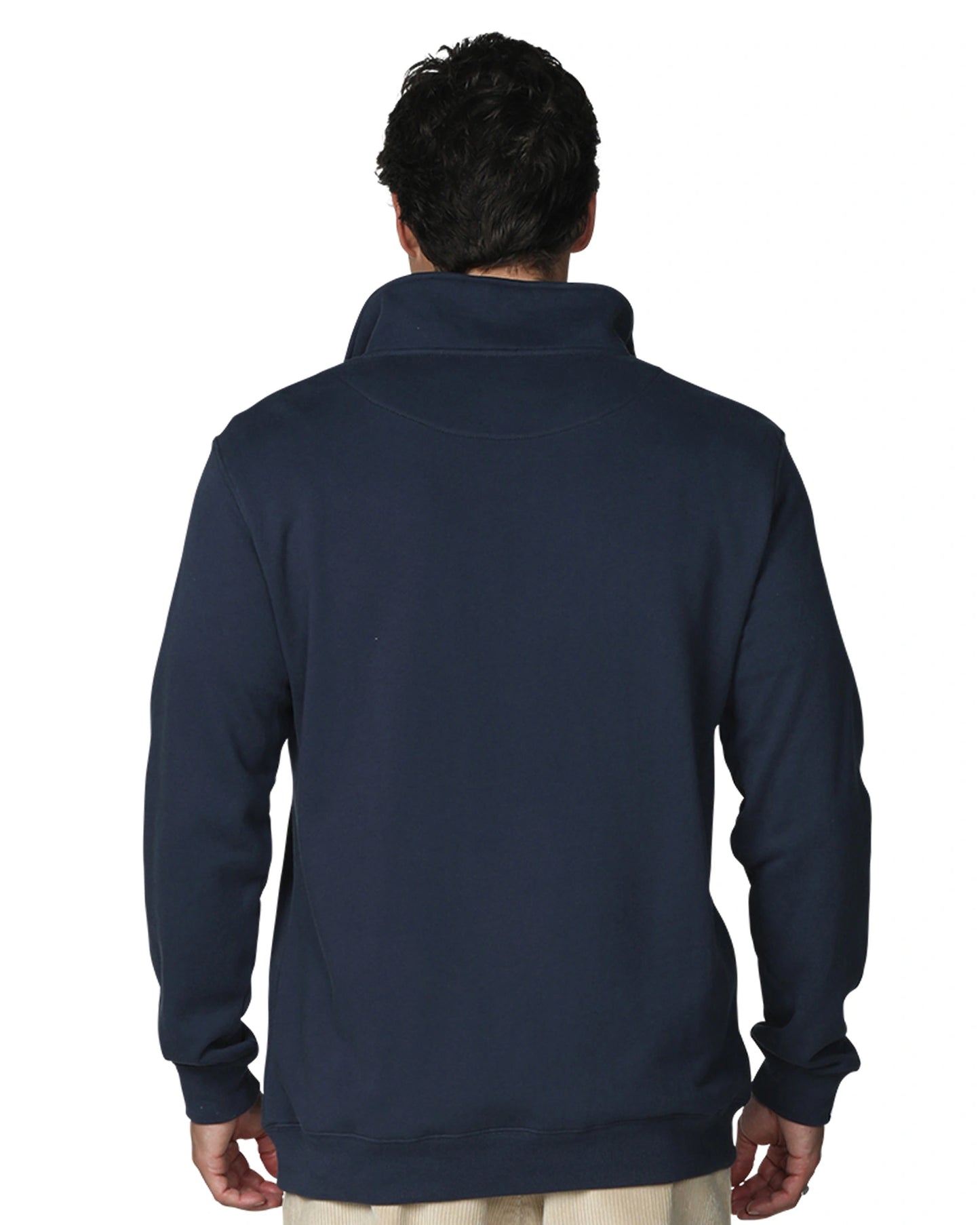 A navy blue-colored sweatshirt showing tha back view.