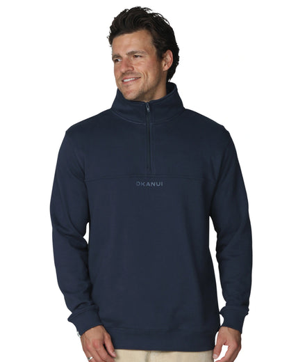 A navy blue-colored sweatshirt with front zipper.