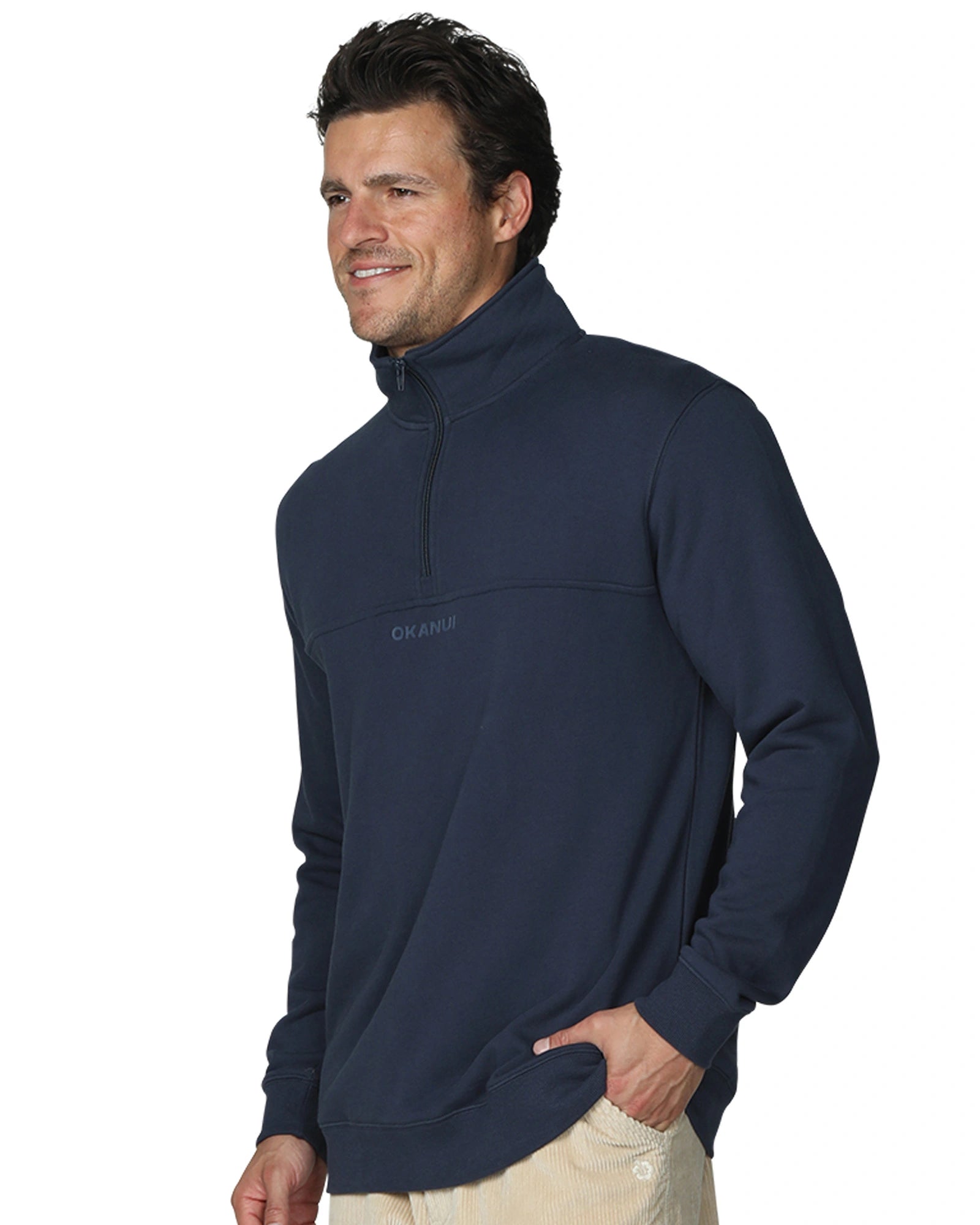 A navy blue-colored sweatshirt with front zipper showing the side part. 