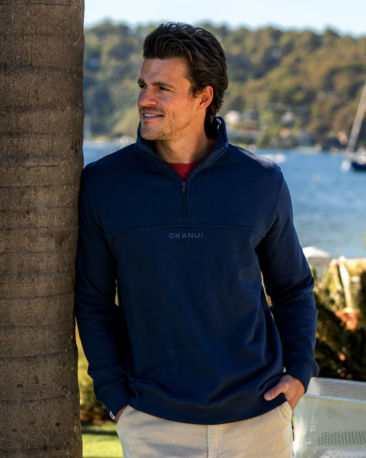 A navy blue-colored sweatshirt.