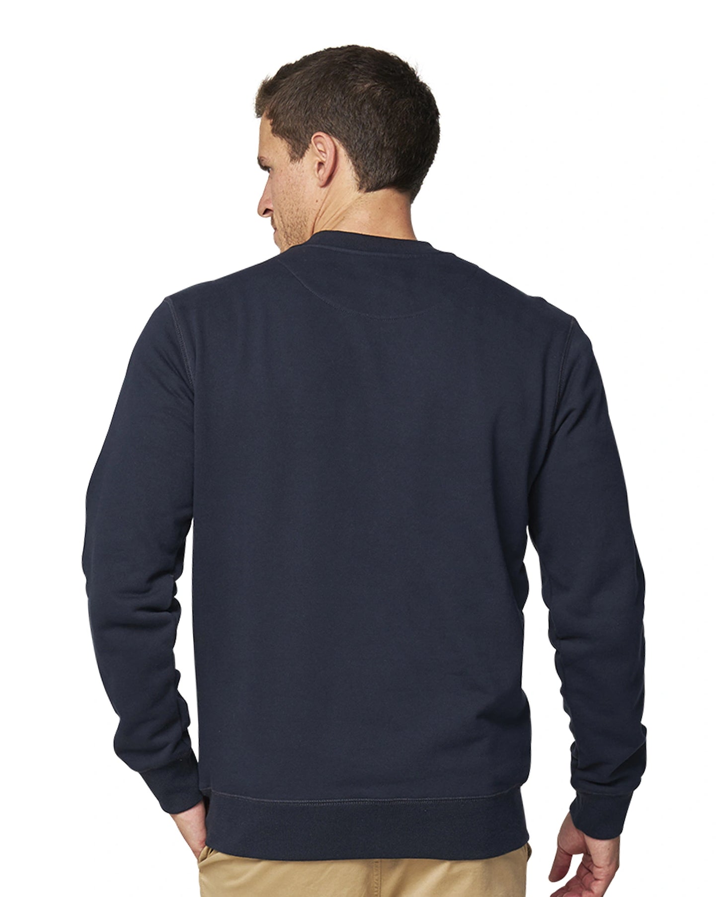 a back of Okanuis navy blue sweater. 