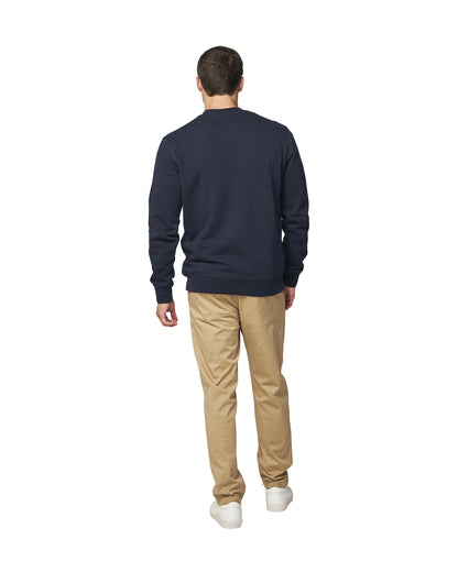 A navy-colored sweatshirt with Okanui logo in the middle part showing the back view. 