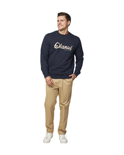 A navy-colored sweatshirt with Okanui logo in the middle part. 