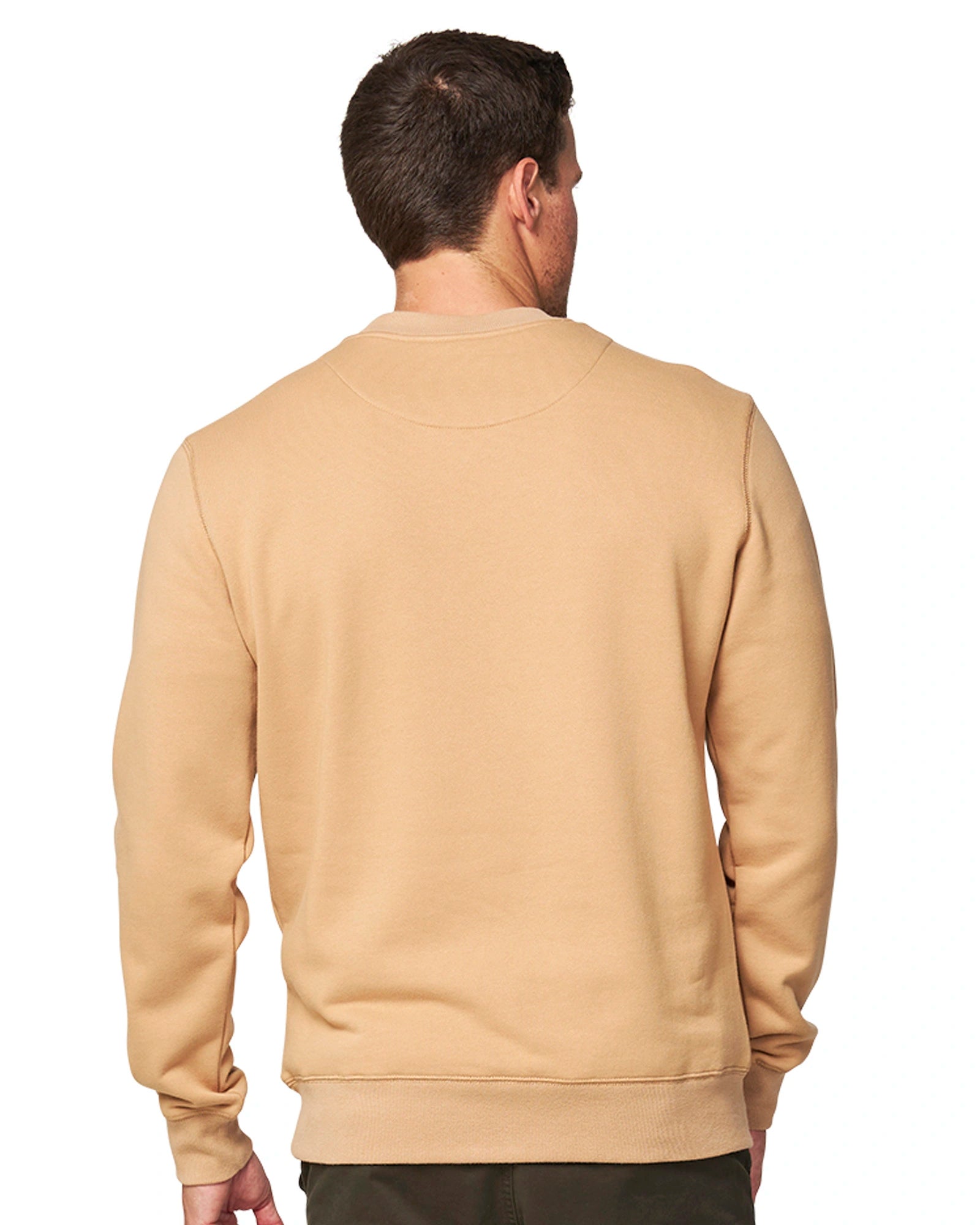 A man facing right with his back visible in a brown sweatshirt. 