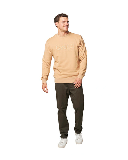 A man dressed in dark pants, white shoes, and a beige sweatshirt top.