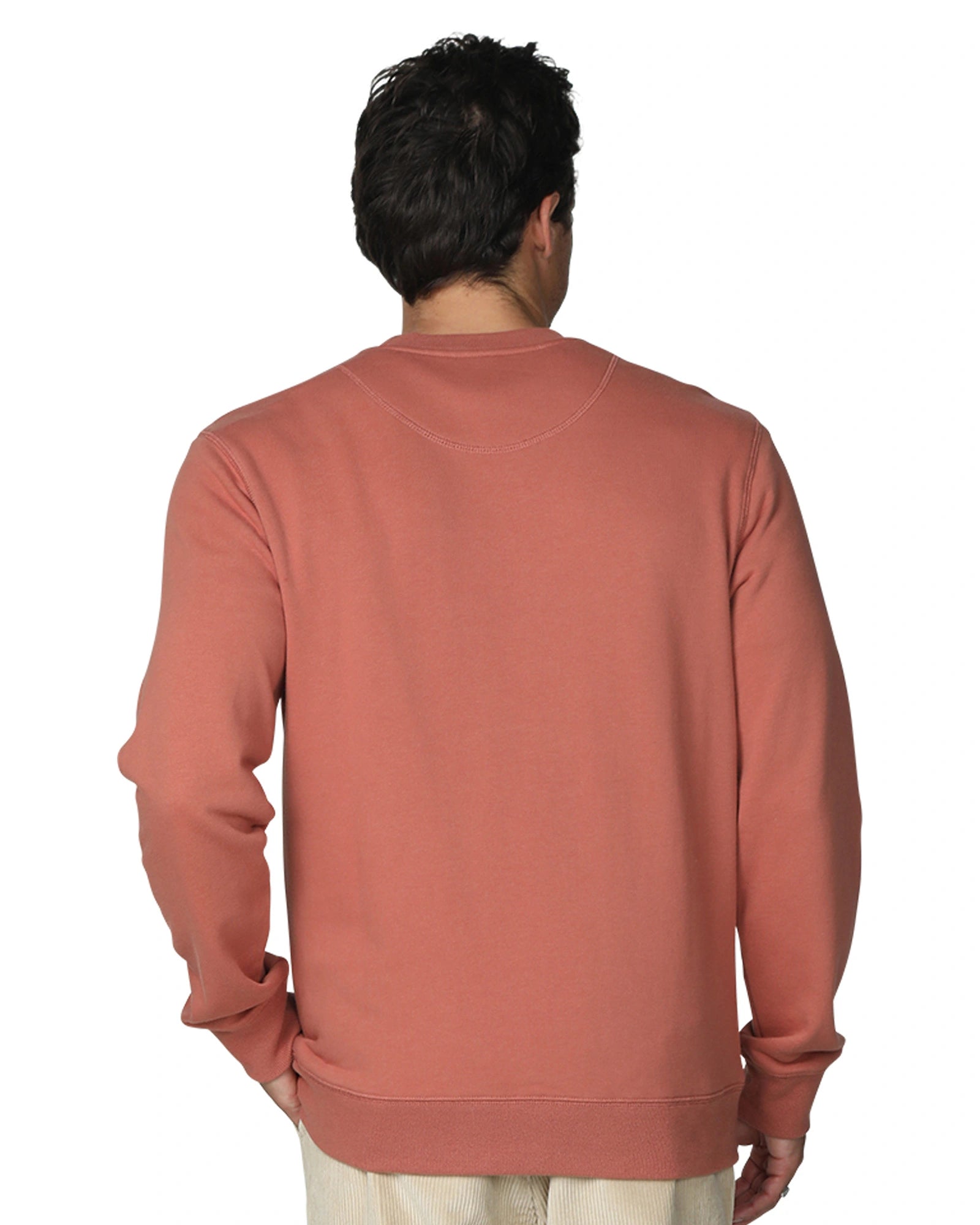 A rust-colored sweatshirt showing the back part. 