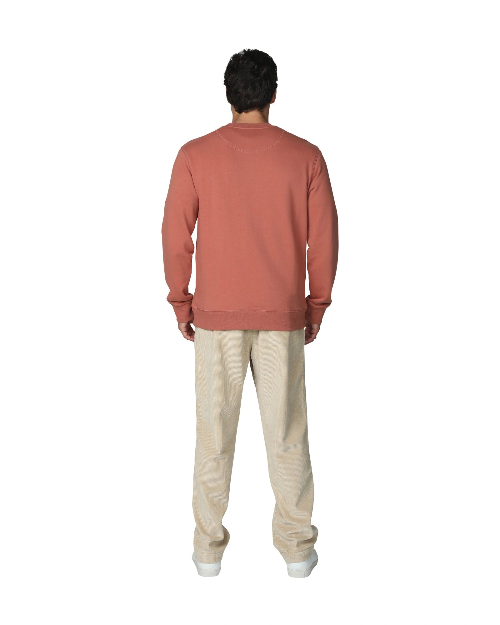 The view of the rust-colored sweatshirt from the back.