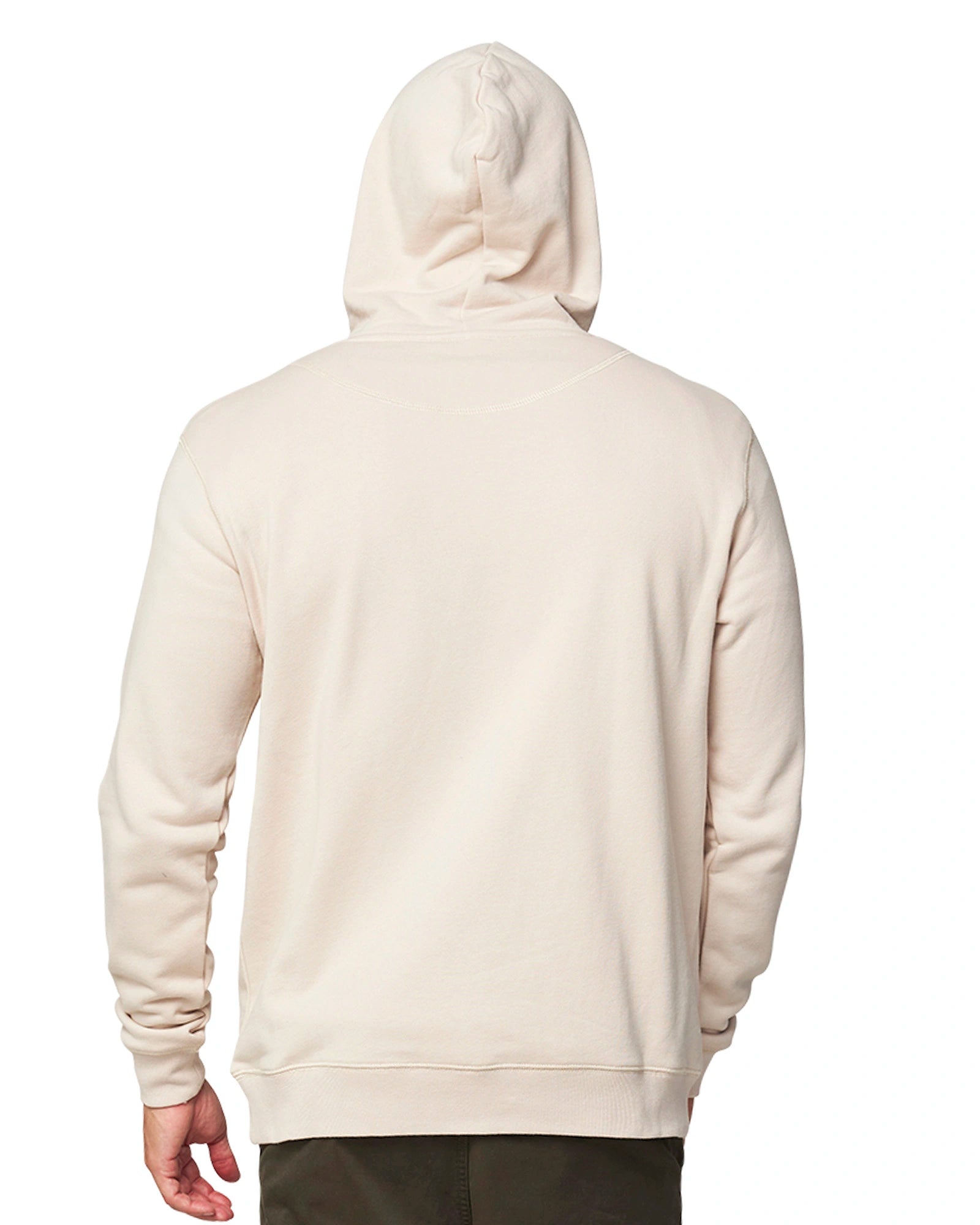 Okanui Mens hoodie in salt spray color showing the back part. 