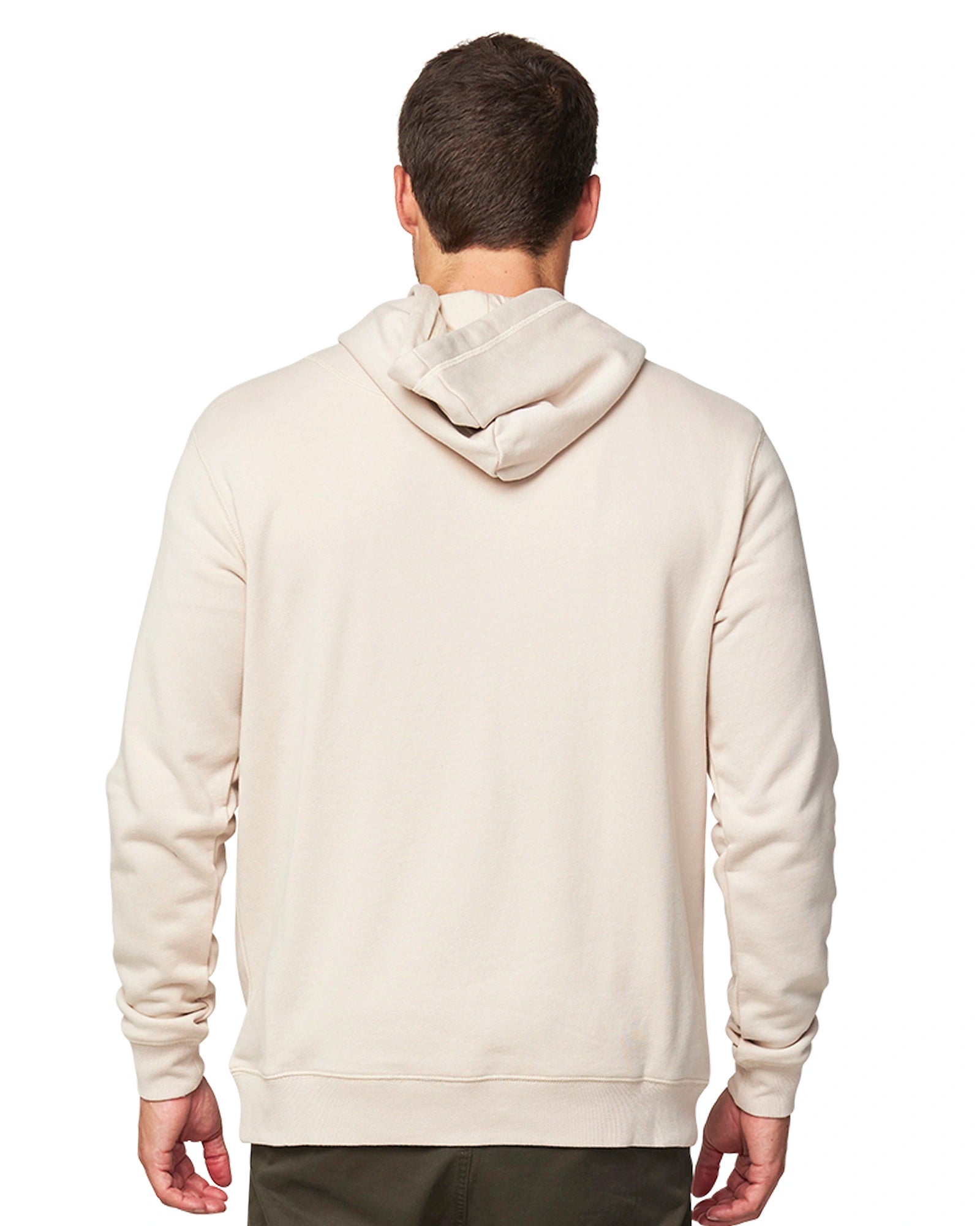 A salt spray colored hoodie for men showing the back part. 