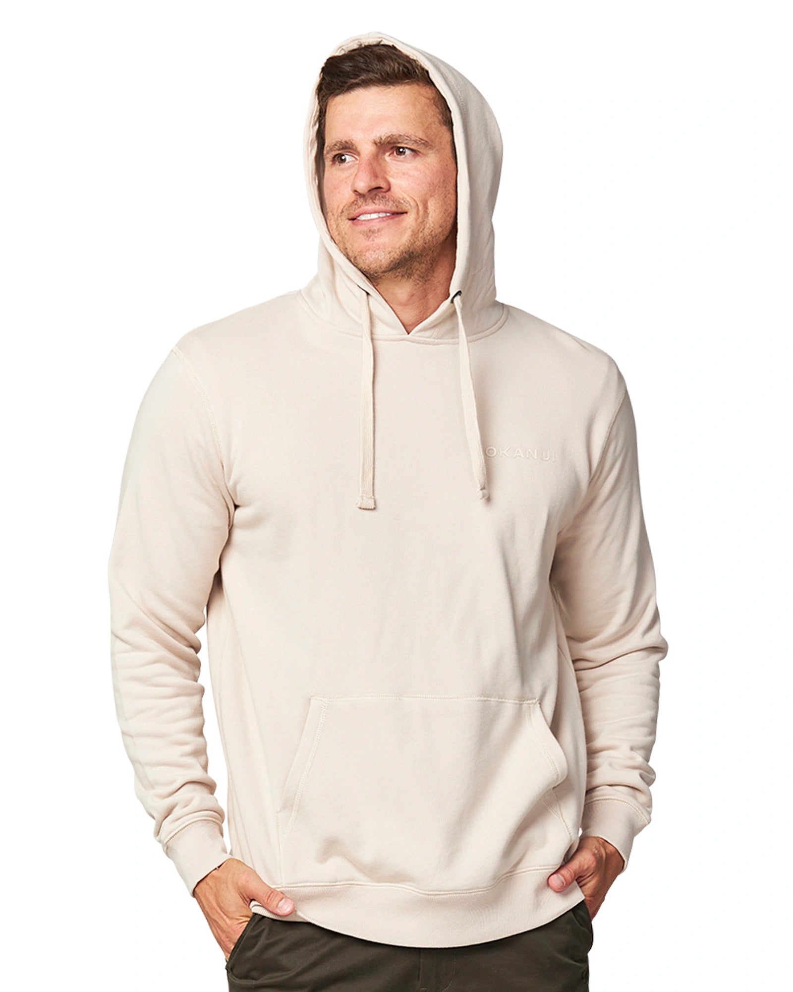 A salt spray colored hoodie for men with drawstring. 