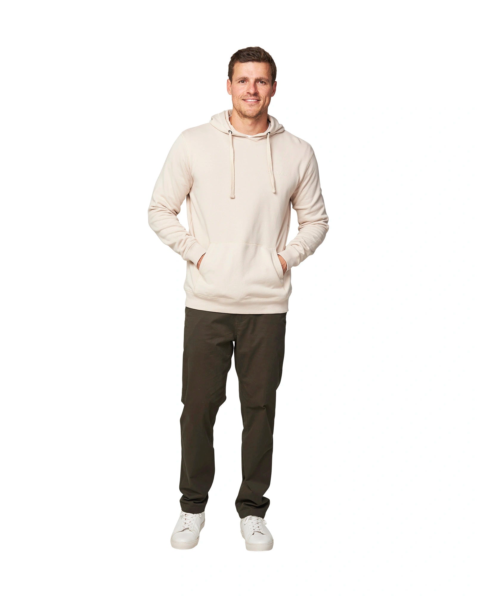 Mens Hoodie in salt spray colored with two pockets. 