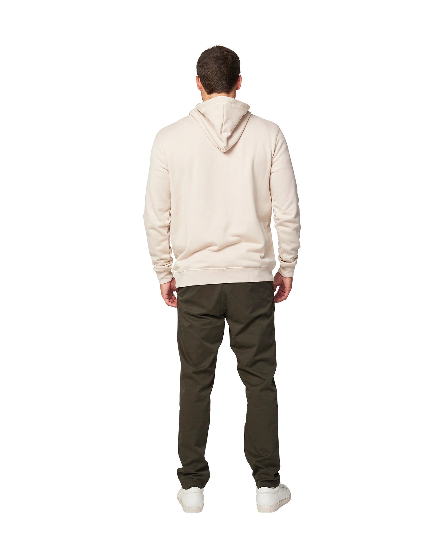 Mens Hoodie in salt spray colored with two pockets showing the back part. 