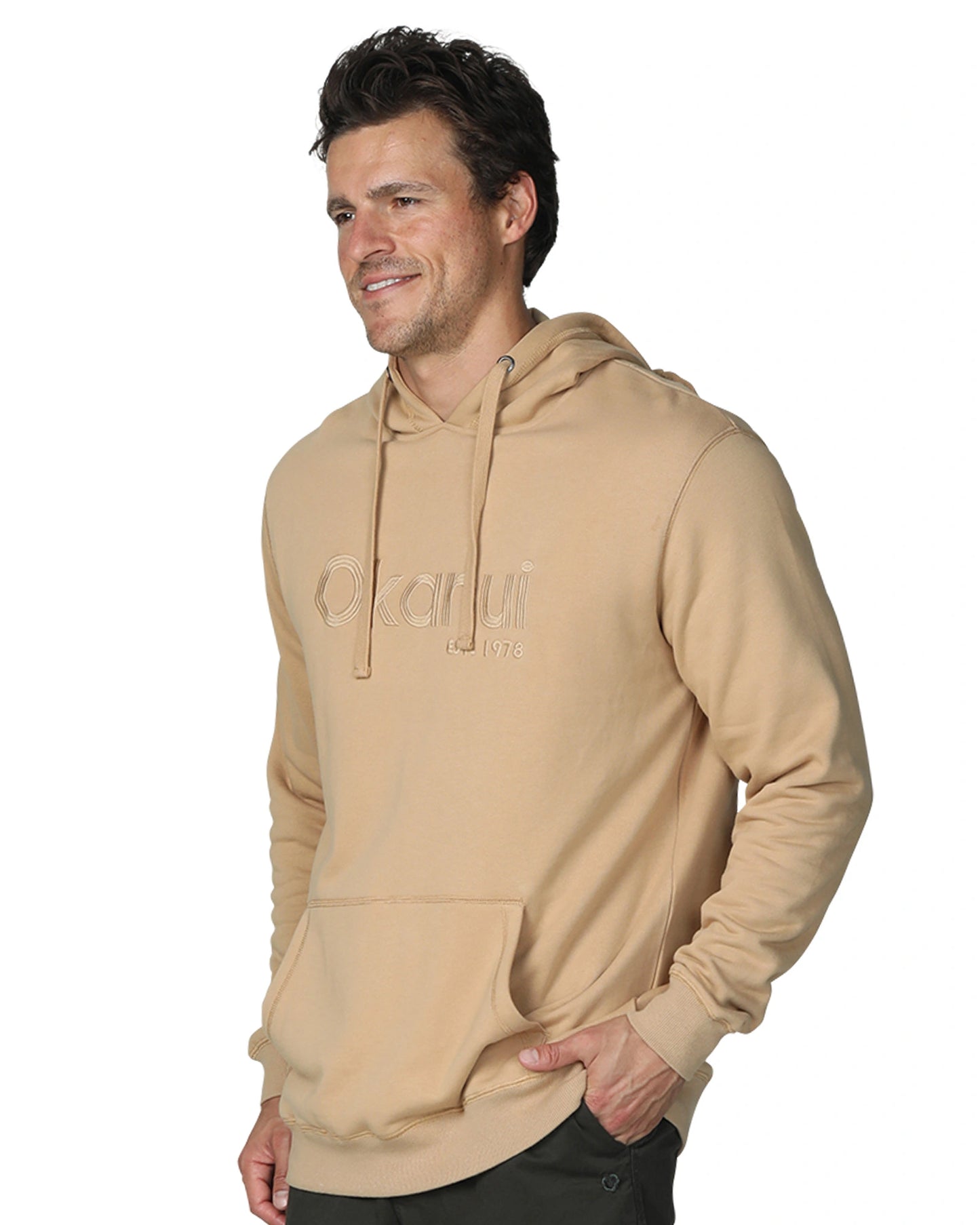 A pecan-colored hoodie with drawstring. 