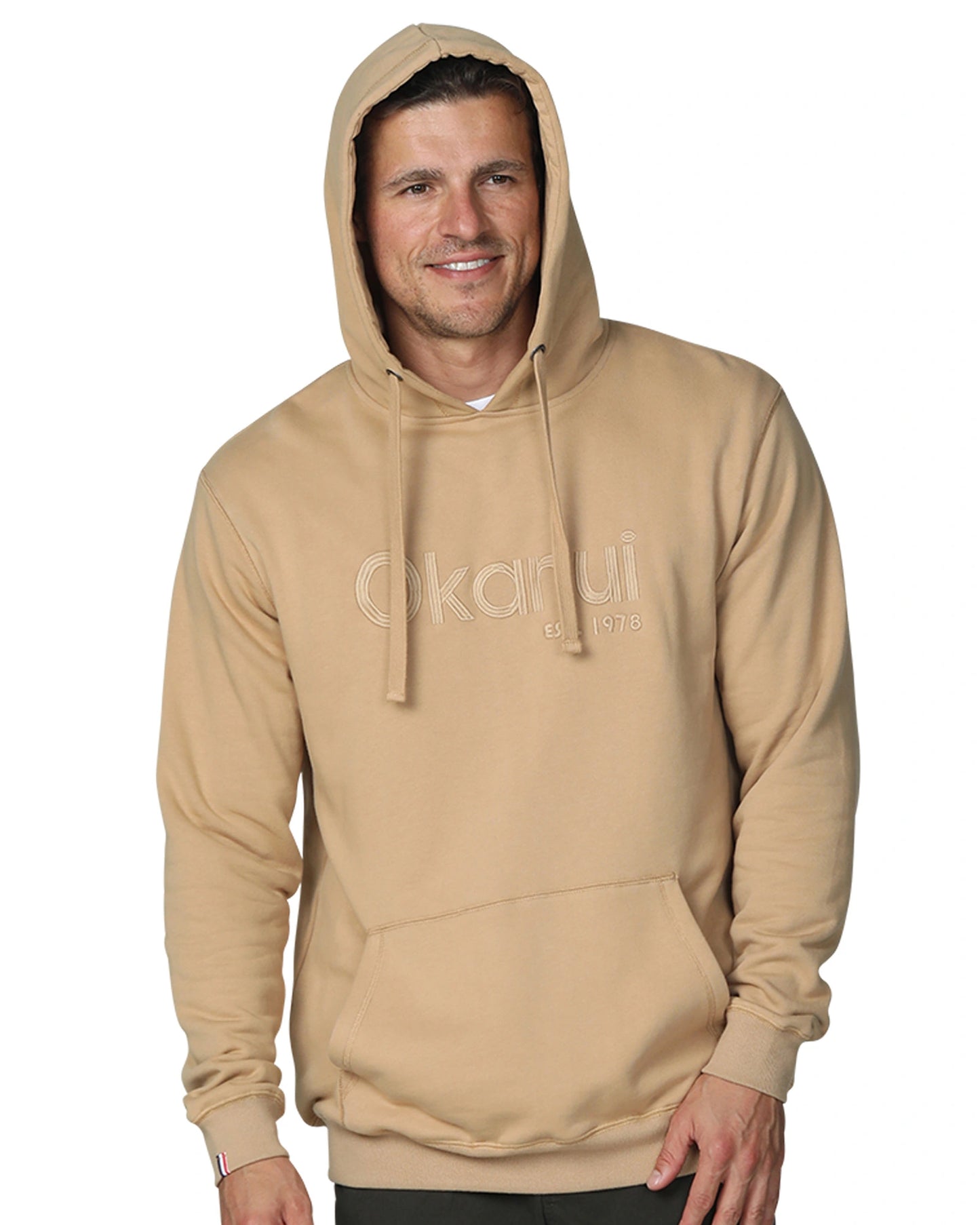 A pecan-colored hoodie with two pockets. 