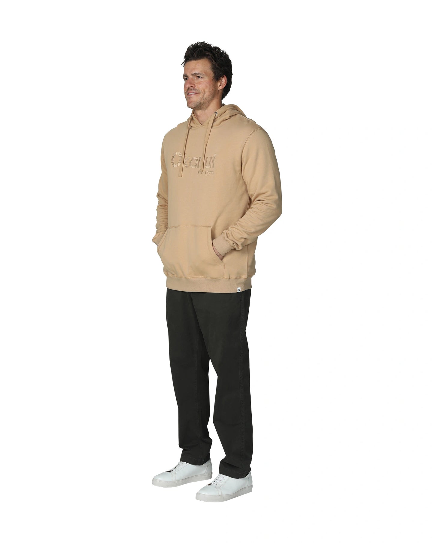 A pecan-colored hoodies showing the side part. 