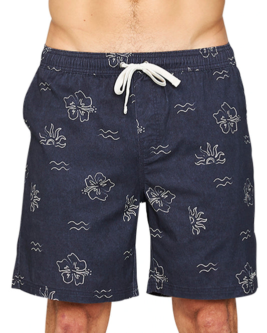 A close up front view of the Okanui Rising Sun Heritage Walk Shorts in navy color.