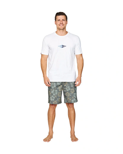 A full body front view of a model wearing the Okanui Stonewall Heritage Walk Short in Forest colour.