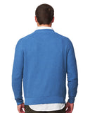 A close up back view of a male model wearing the Okanui Anchor Knit in Blue Marle color.
