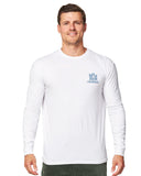 Close up front view of a male model wearing the Okanui Jungle long sleeve t-shirt in white variant