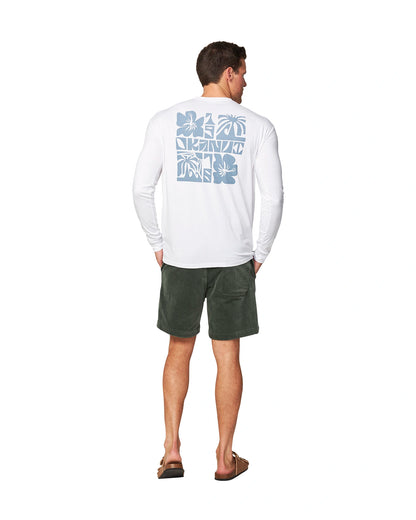 Full body back view of a male model wearing the Okanui Jungle long sleeve t-shirt in White color