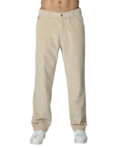 Close up front view of the Okanui Bay Corduroy Pant in Oat colour