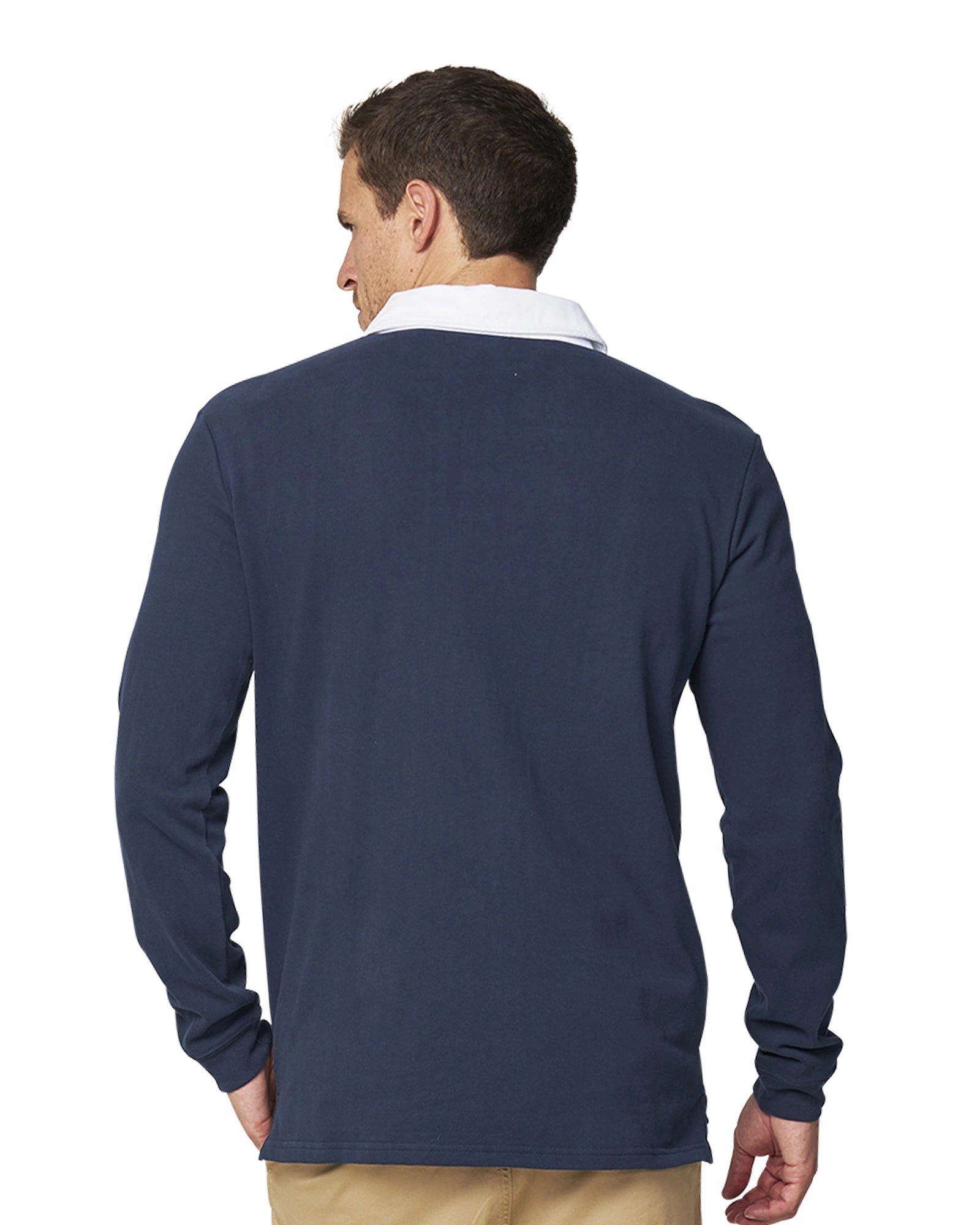 A close up back view of a male model wearing the Okanui 1st XV Heritage Rugby Top in Navy colour.