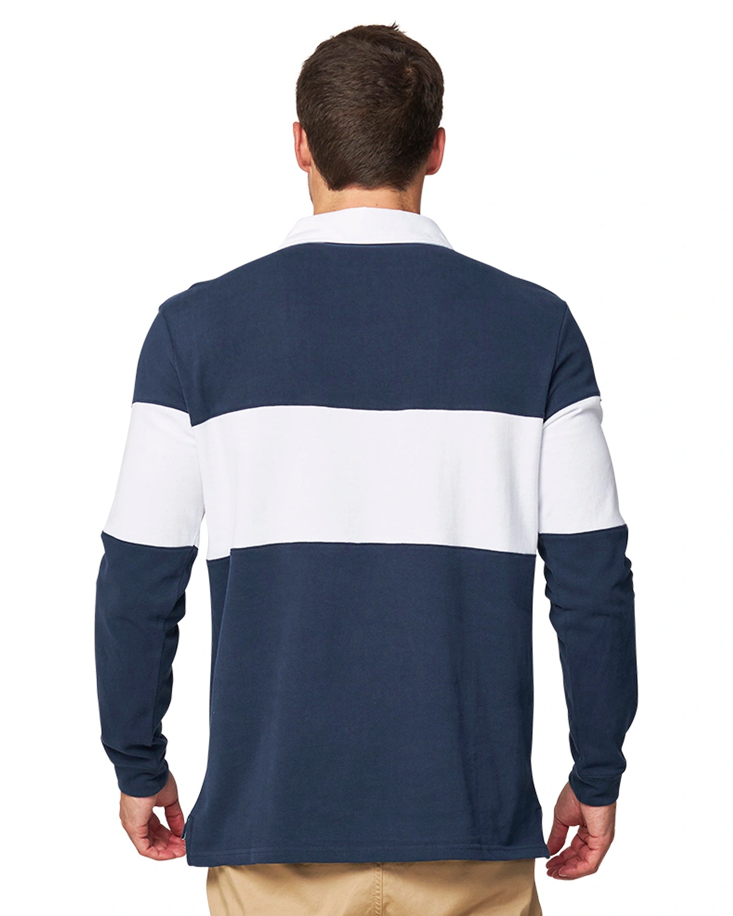 A close up back view of a model wearing the Okanui 1st XV Heritage Rugby Top in Navy/White colour.