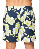 Close up back view of the Okanui Way Back When stretch swim shorts in Navy Lime color