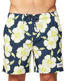 Close up front view of Okanui Way Back When stretch swim shorts in Navy lime colro