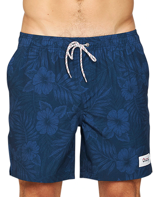 A close up front view of the Okanui Midnight Jungle Stretch Swim Shorts in navy colour.