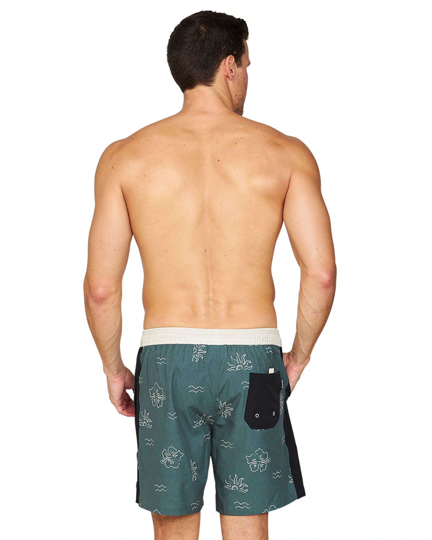 Back view of a shirtless male model wearing the Okanui Rising Sun Stretch Swim Shorts in Forest colour.