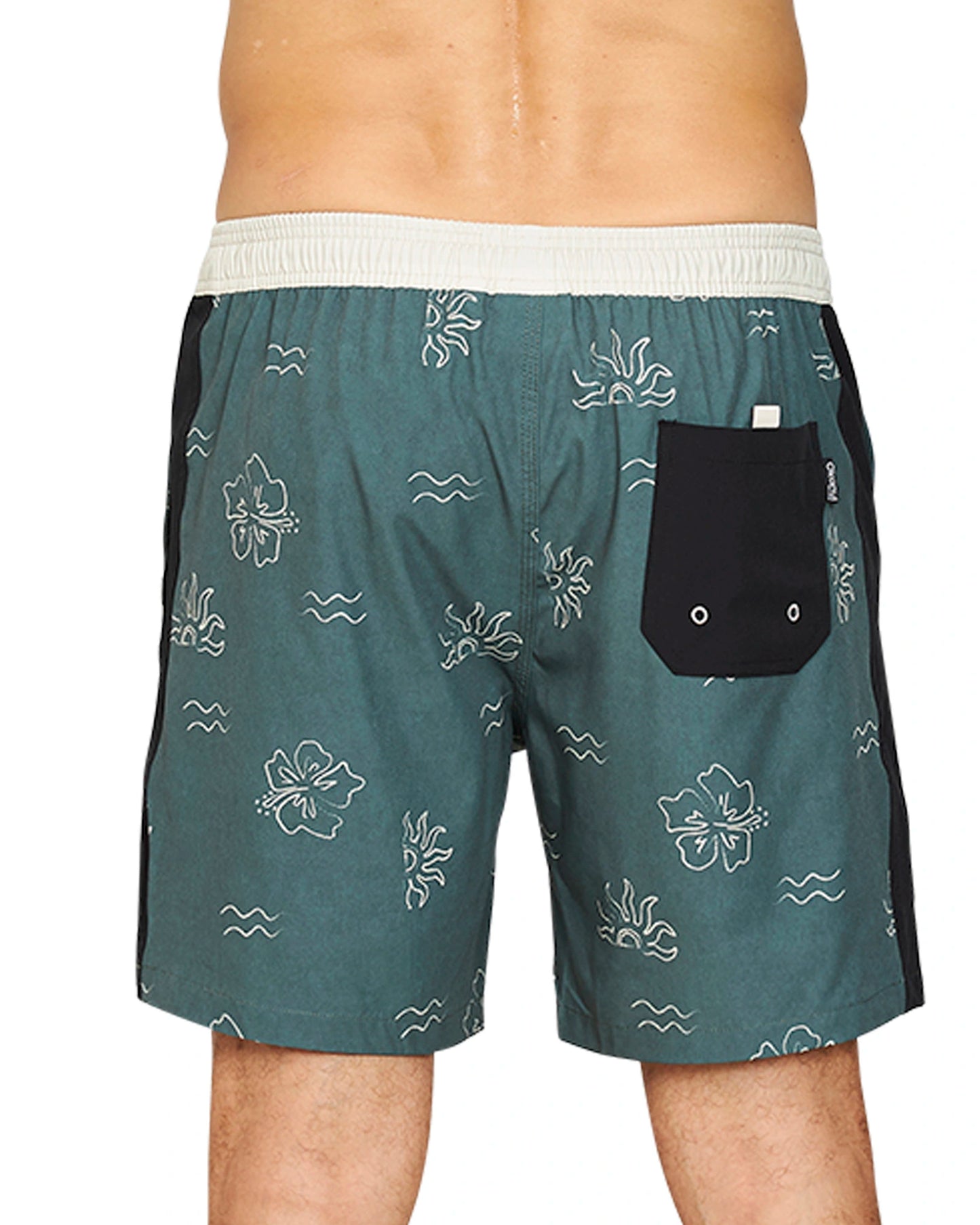 Close up back view of the Okanui Rising Sun Stretch Swim Shorts in Forest colour featuring a distinct black back pocket.