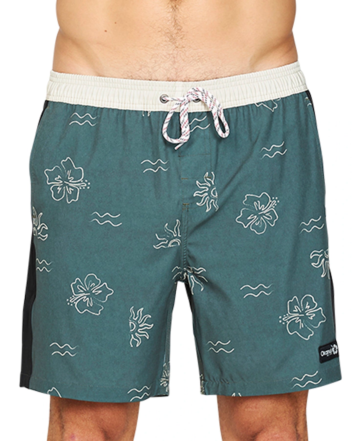 Close up front view of the Okanui Rising Sun Stretch Swim Shorts in Forest colour featuring a white elastic waist and multicolor drawcord.