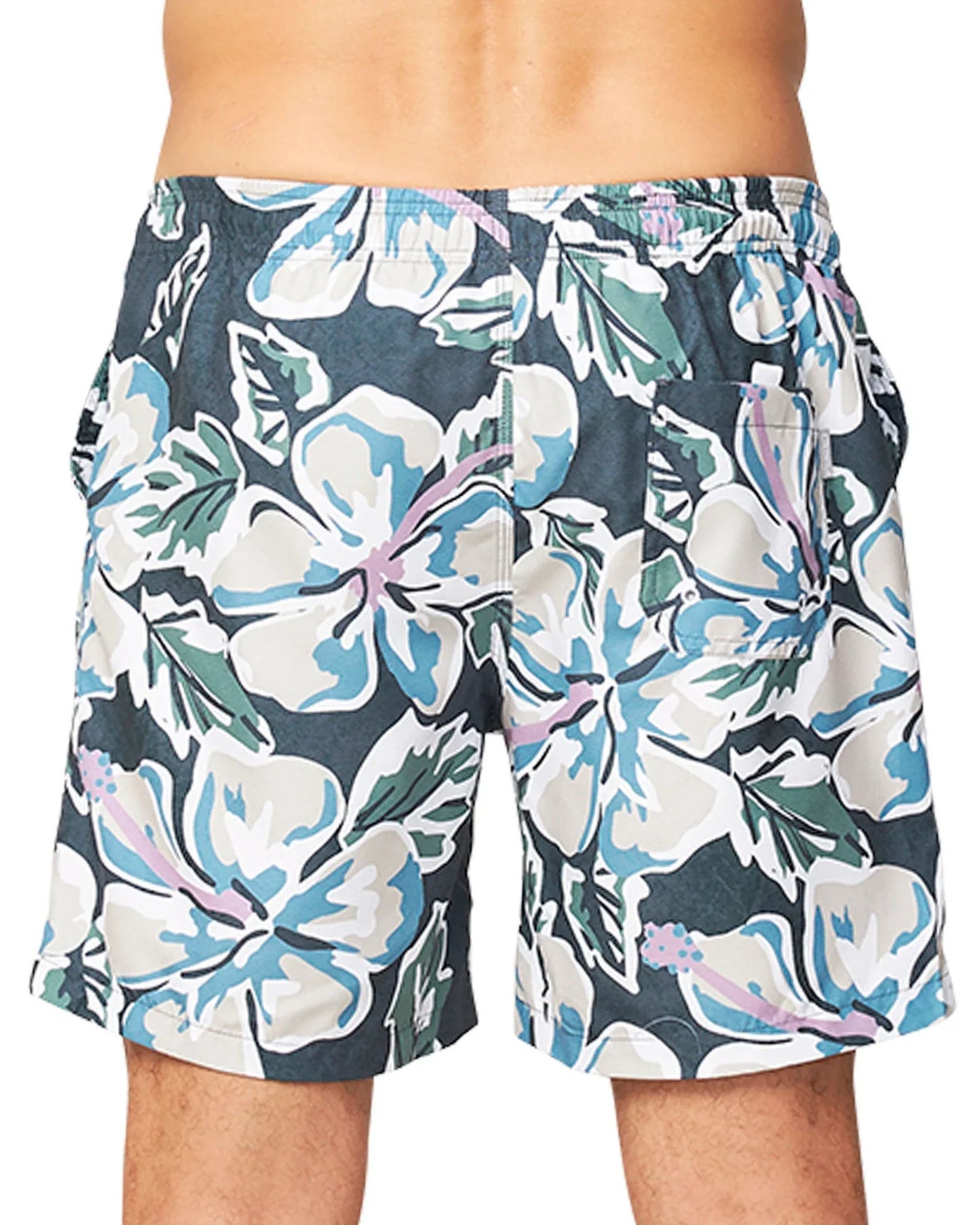 Close up back view of the Okanui Flora Fatigue Swim Shorts.