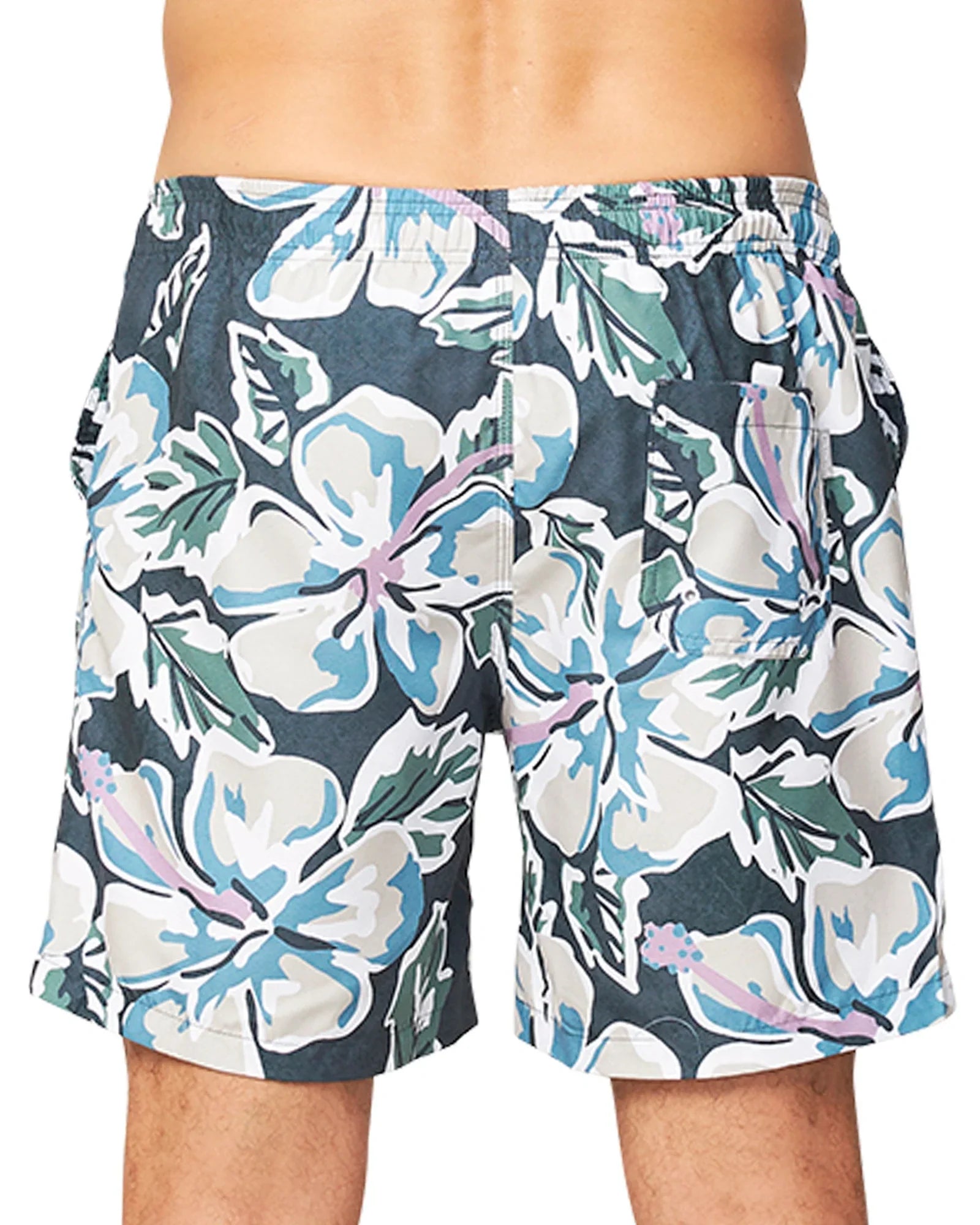 Close up back view of the Okanui Flora Fatigue Swim Shorts.