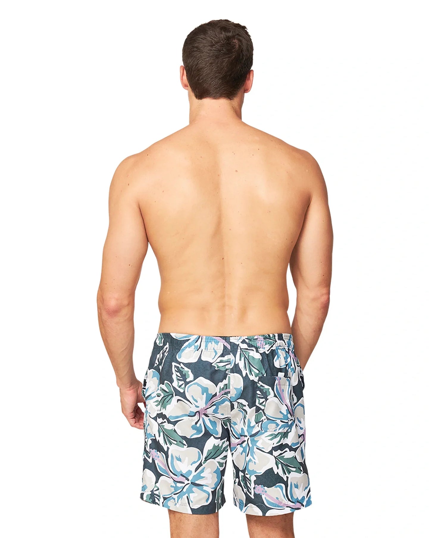 Back view of a male shirtless model wearing the Okanui Flora Fatigue Swim Shorts.