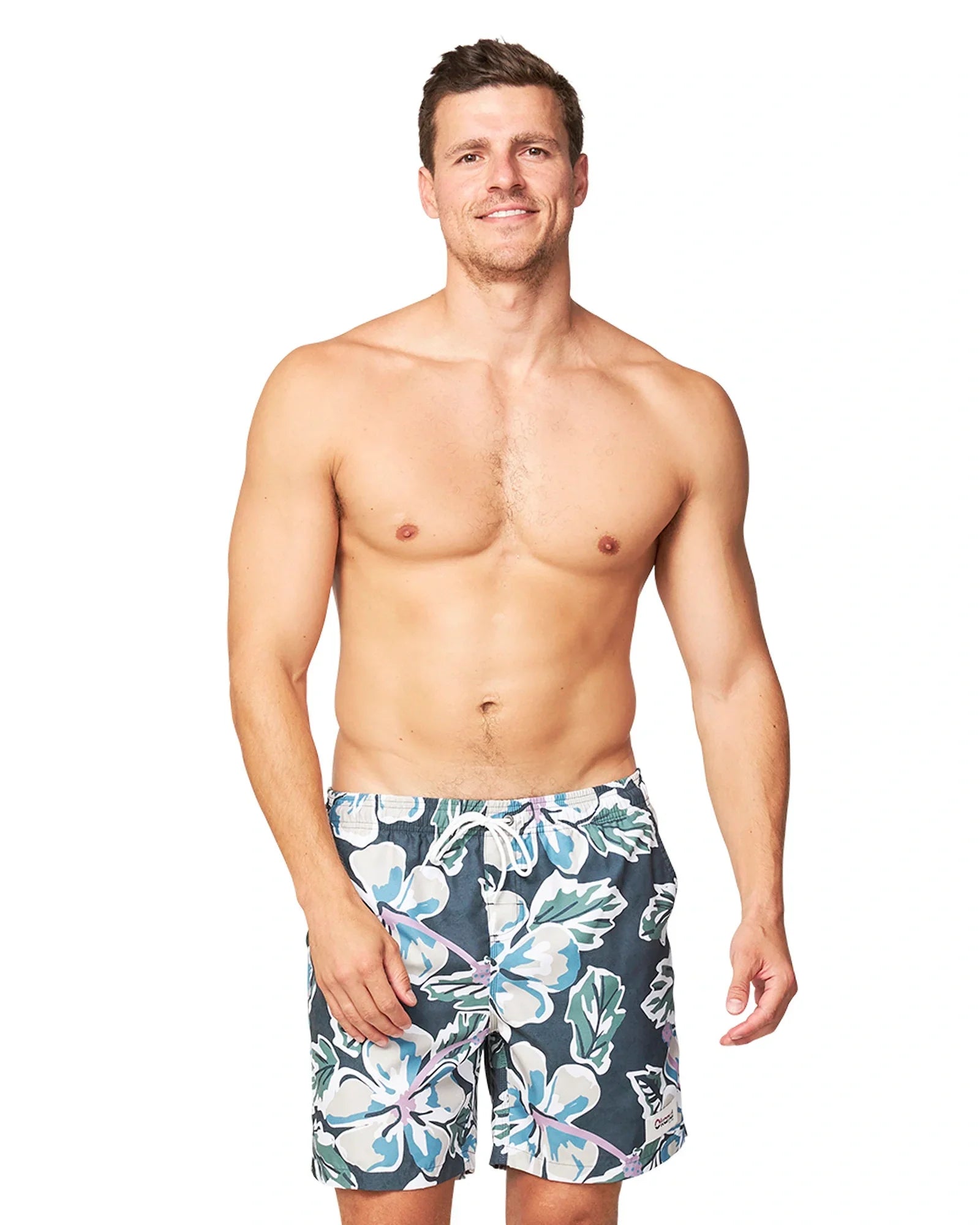 Front view of a male shirtless model wearing the Okanui Flora Fatigue Swim Shorts.