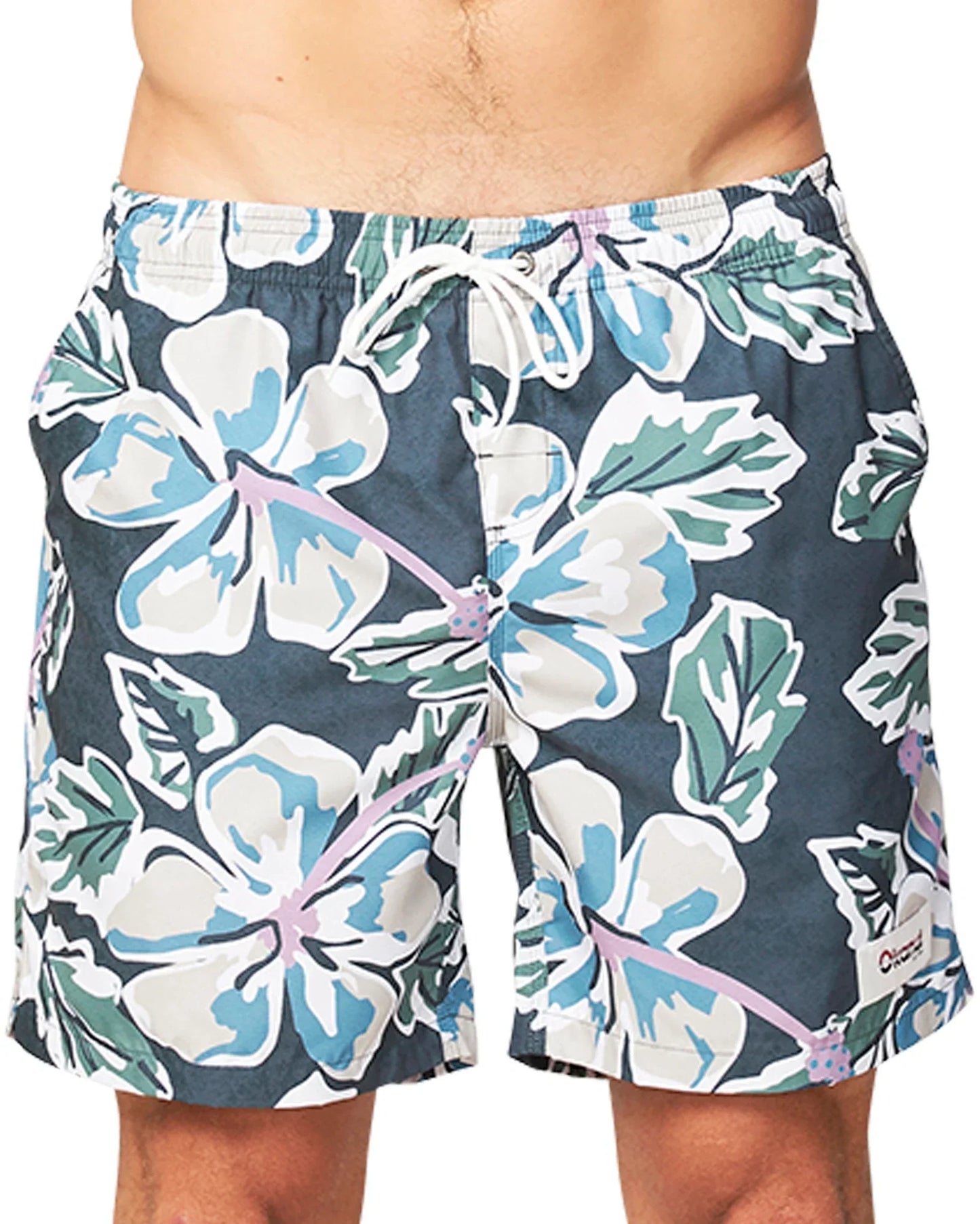 Close up front view of the Okanui Flora Fatigue Swim Shorts.