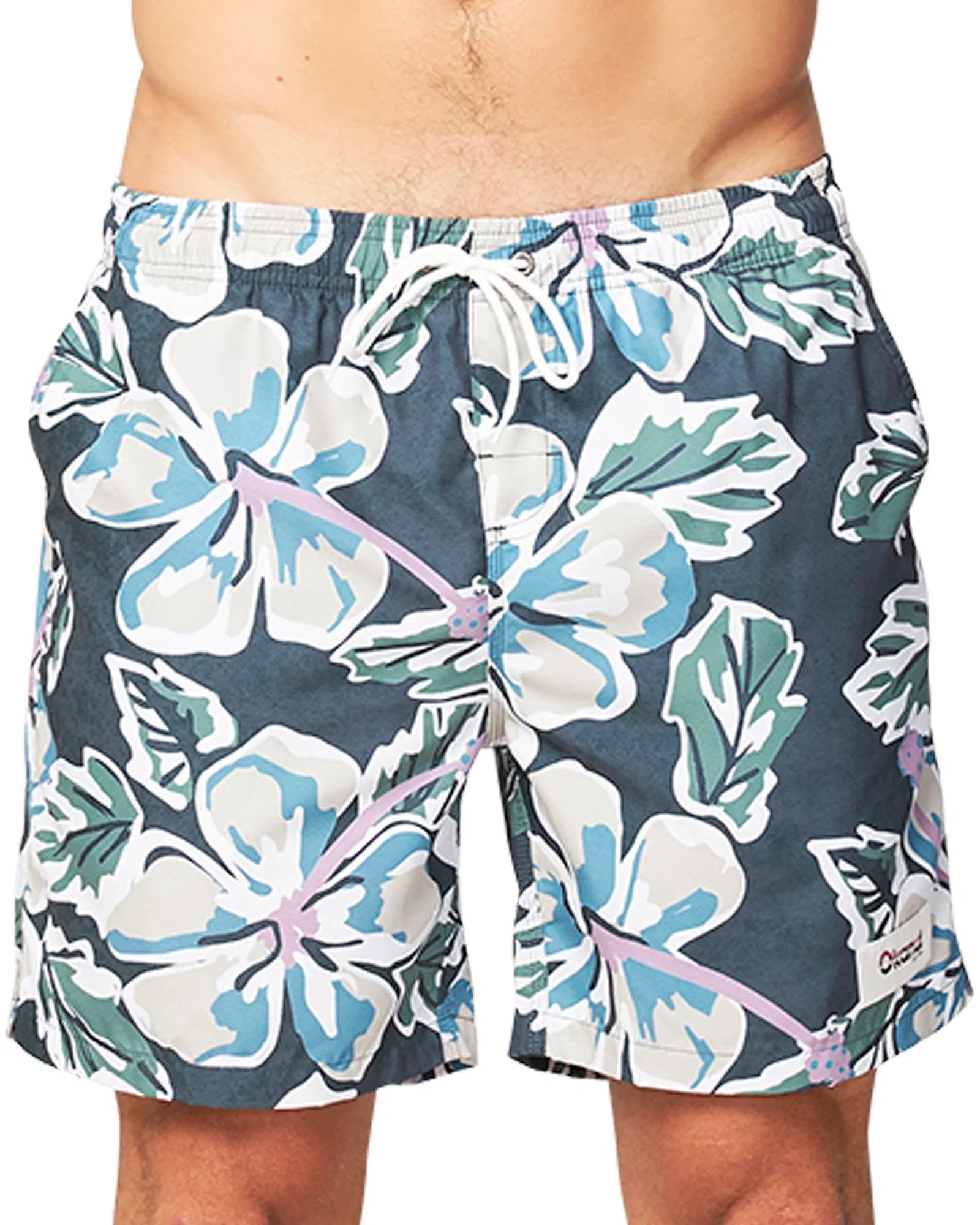 Close up front view of the Okanui Flora Fatigue Swim Shorts.