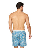 Back view of a shirtless male model wearing the Okanui Sketch Stretch Swim Shorts in Steel Stone colour.