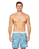 A shirtless male model wearing the Okanui Sketch Stretch Swim Shorts in Steel Stone colour.
