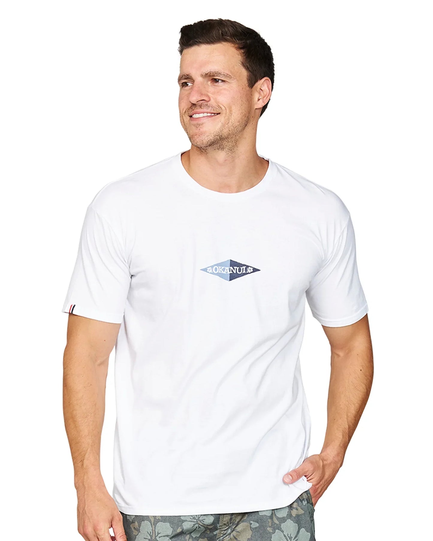A closer front view of the Okanui Cornerstone T-shirt in white colour.