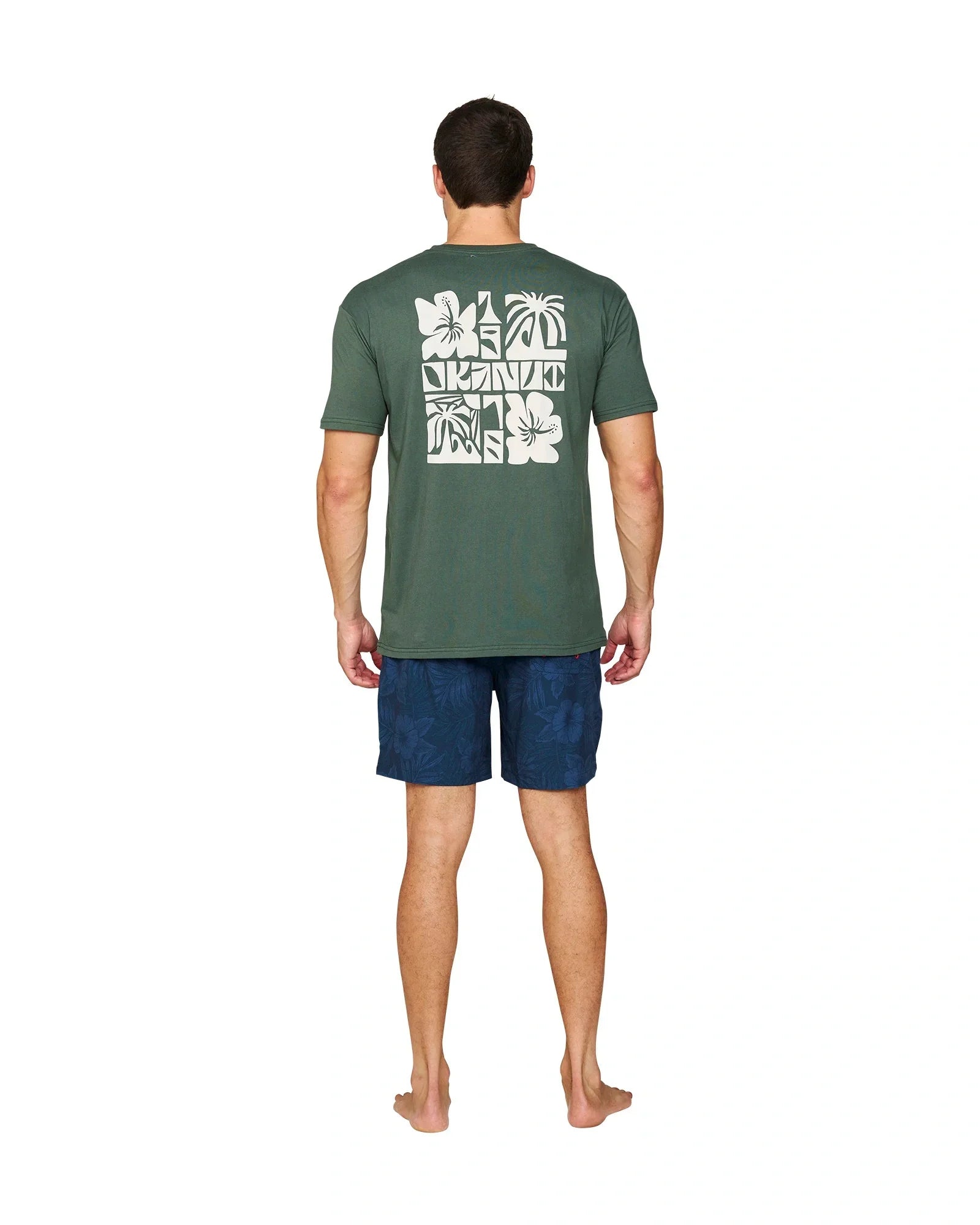 Full body back view of the Okanui Jungle T-Shirt in Forest Colour featuring the back print.