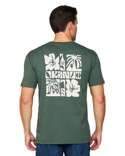 Back view of the Okanui Jungle T-Shirt in Forest Colour featuring the back print.