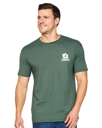 Close up view of a casual pose of a male model wearing the Okanui Jungle T-Shirt in Forest Colour