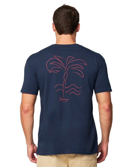 Close up back view of the Okanui Palm T-Shirt in Navy colour.