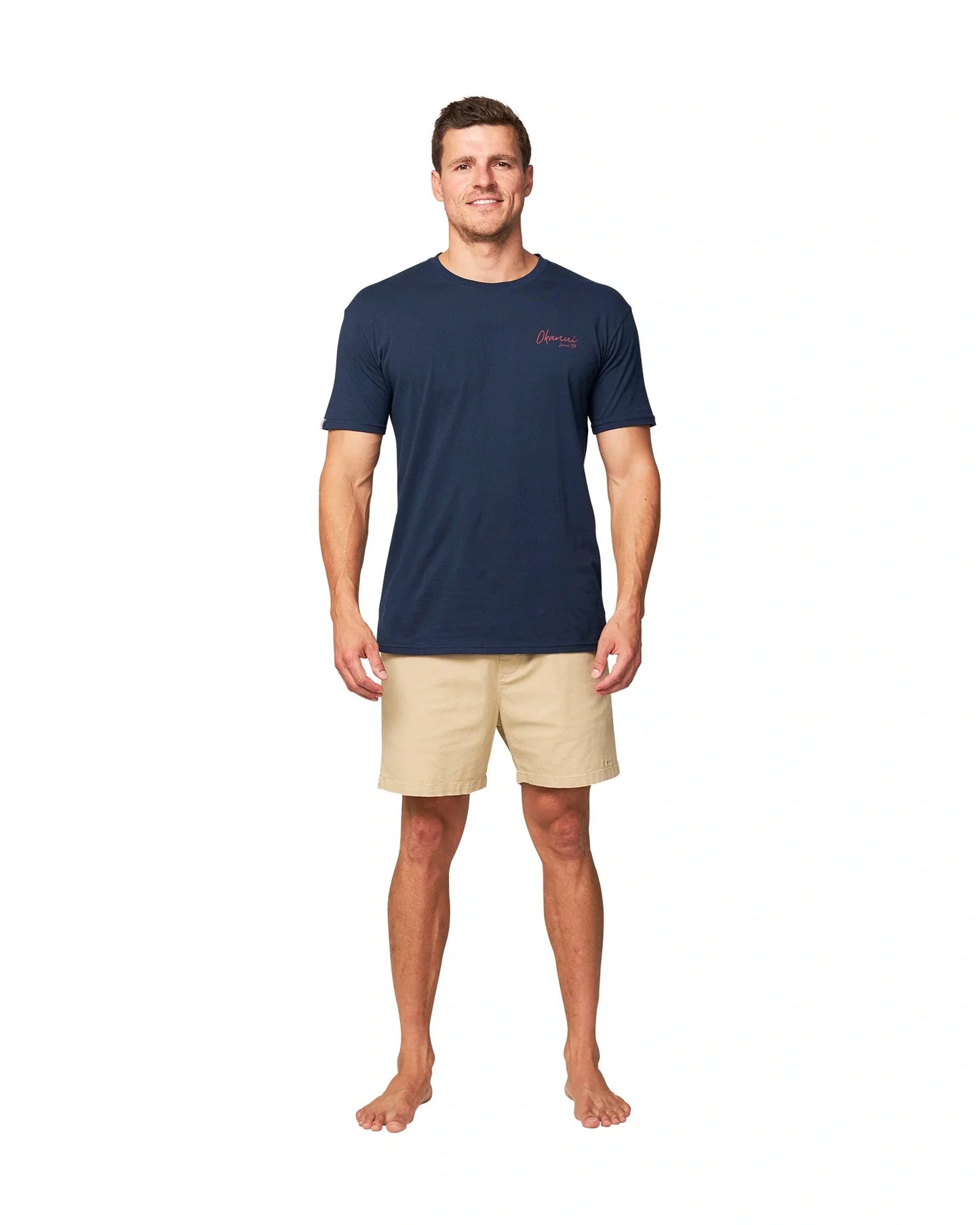 Front full view of the Okanui Palm T-Shirt in Navy colour.